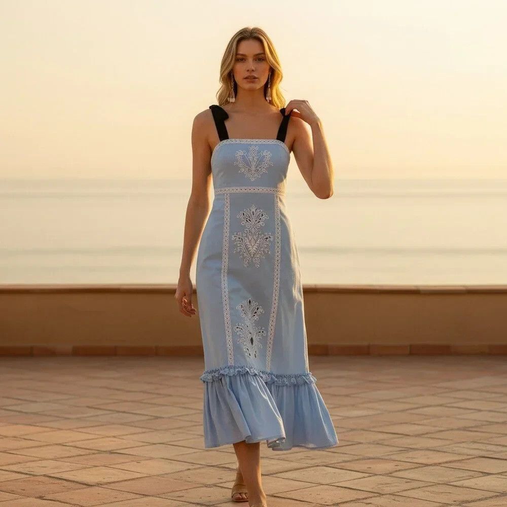 NEW Lug Von Siga Greta Ribbon Strap Midi Dress Light Blue Cotton EU 36 US 4